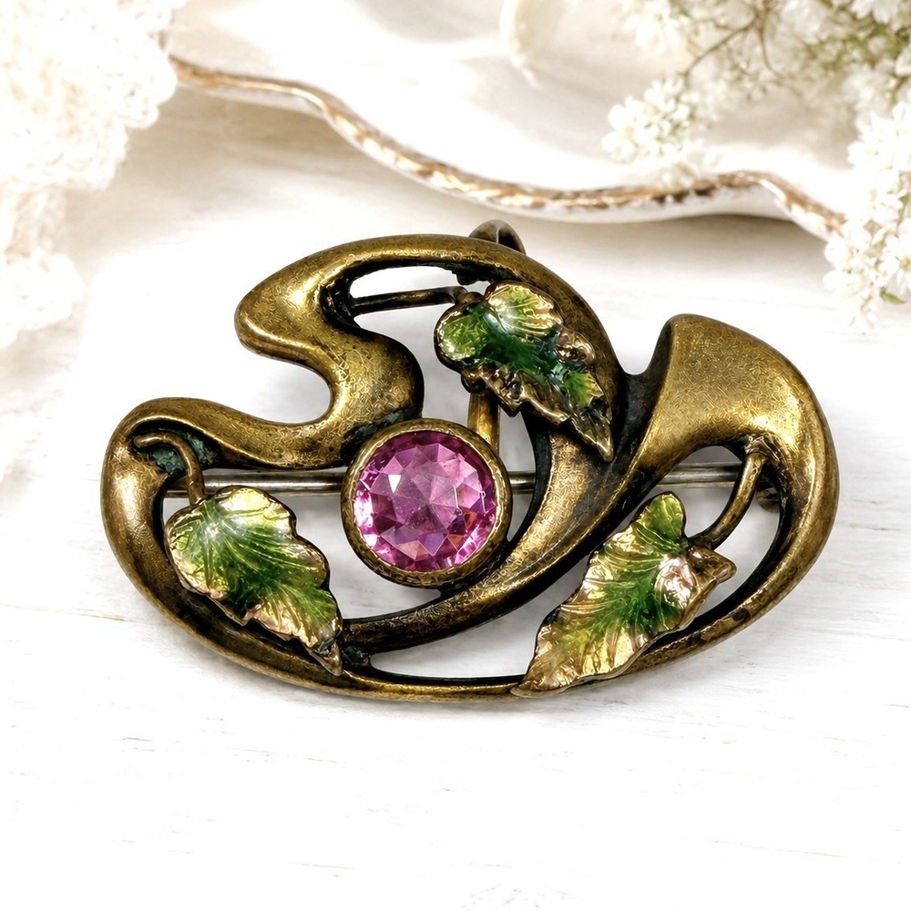 Antique Art Nouveau Brooch Pendant Pink Glass Enamel Leaves Gold Tone c1900